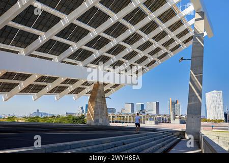 Pergola photovoltaïque, par Elias Torres et José Antonio Martínez Lapeña, Forum, Barcelone, Catalunya, Espagne, Europe. Banque D'Images