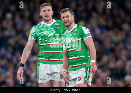 Dublin, Irlande. 07 avril 2024. Freddie Steward de Leicester et Handre Pollard de Leicester lors de la Coupe des Champions Investec, Round of 16 match entre Leinster Rugby et Leicester Tigers à Aviva Stadium à Dublin, Irlande le 6 avril 2024 (photo by Andrew SURMA/ Credit : Sipa USA/Alamy Live News Banque D'Images