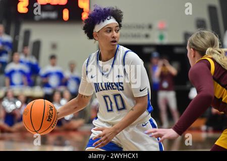 Edwardsville, États-Unis. 06 avril 2024. La garde de Saint Louis Billikens Kyla McMakin (00) cherche une ouverture. L'Université Saint Louis Billikens a battu les Golden Gophers du Minnesota 69-50 dans le Women's NIT joué sur le campus de l'Université Southern Illinois - Edwardsville à Edwardsville, il le samedi 6 avril 2024. (Photo de Tim Vizer/Sipa USA) crédit : Sipa USA/Alamy Live News Banque D'Images