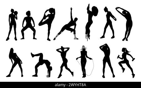 Silhouette de jeunes femmes sportives faisant des exercices Illustration de Vecteur