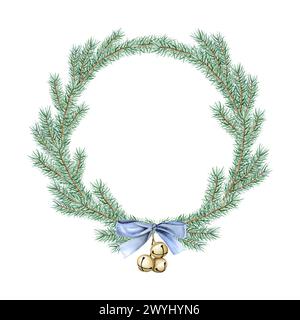 Branches d'arbre d'épicéa de Noël avec arc bleu et cloches de jingle rondes cadre de couronne illustration aquarelle pour les vacances Banque D'Images