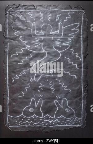 Keith Haring, sans titre, Winged Mermaid and Dolphins, Subway Drawing, circa 1983, craie blanche sur papier noir, Musée Moco, Amsterdam, pays-Bas Banque D'Images