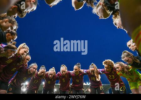 Leuven, Belgique. 05th Apr, 2024. Équipe Belgique photographiée avant un match entre les équipes nationales de Belgique, appelées les Red Flames et d'Espagne lors de la première journée du Groupe A2 dans la phase de championnat des qualifications européennes féminines de l'UEFA 2023-24, le vendredi 5 avril 2024 à Louvain, BELGIQUE . Crédit : Sportpix/Alamy Live News Banque D'Images