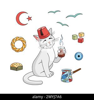 Set d'attributs turcs - Cezve, tasse de thé, baklava, bagel, étoile et croissant, chat angora, délice, amulette, mouette, fès. Collection vectorielle. Personnage de chat angora turc avec tasse de thé turque. Illustration de Vecteur