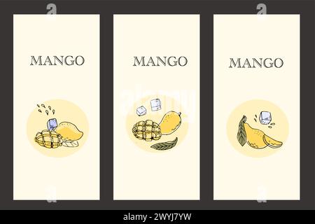 Fruit de mangue dessiné à la main avec des étiquettes de glace ou des affiches. Illustration vectorielle de fruits tropicaux pour la santé - mangue. Peinture à l'encre art dans le style vintage. Peut être utilisé Illustration de Vecteur