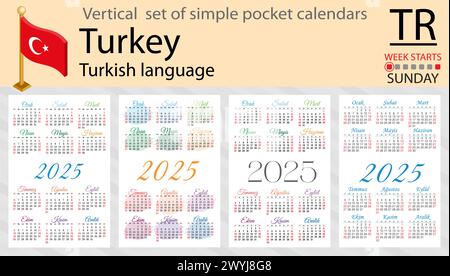 Ensemble vertical turc de calendrier de poche pour 2025 (deux mille vingt-cinq). La semaine commence dimanche. Nouvel an. Couleur design simple. Vecteur Illustration de Vecteur