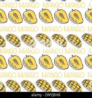 Modèle sans couture avec mangue, croquis art avec lettrage. L'illustration vectorielle peut être utilisée pour le papier d'emballage, la toile de fond, l'affiche, le papier peint. Croquis de mangue pour Illustration de Vecteur