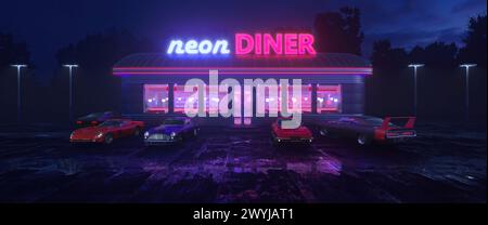 Restaurant Neon et voiture rétro tard dans la nuit. Brouillard, pluie et reflets de couleur sur l'asphalte. illustration 3d Banque D'Images
