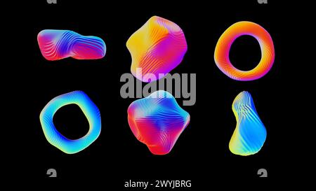 Objets ondulés abstraits. Définir avec masque. Iridescent. Texture colorée de tissu de feuille ultraviolette, surface liquide, ondulations. illustration de rendu 3d. Banque D'Images