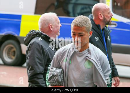 Ibrox Stadium, Glasgow, Royaume-Uni. 07 avril 2024. Brendan Rodgers, l'entraîneur celtique et les joueurs de football celtique arrivant au stade Ibrox pour le troisième match Old Firm de la saison Scottish Premiership. Crédit : Findlay/Alamy Live News Banque D'Images