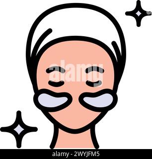 Visage de fille avec icône de couleur de patchs. Concept de procédure de beauté, appliquant des patchs cosmétiques sous le signe des yeux sur fond blanc. Patch gel sur l'icône du visage Illustration de Vecteur