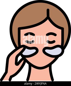 Visage de fille avec icône de couleur de patchs. Concept de procédure de beauté, appliquant des patchs cosmétiques sous le signe des yeux sur fond blanc. Patch gel sur l'icône du visage Illustration de Vecteur