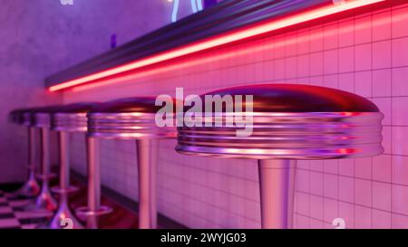 Vintage Row de tabourets de bar en métal, intérieur rétro diner. illustration 3d. Banque D'Images