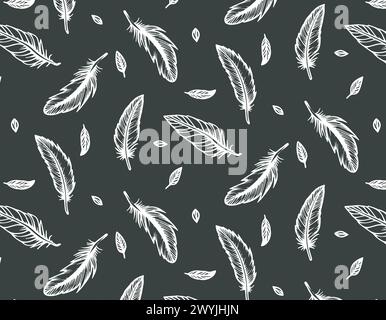Motif sans couture avec des plumes délicates dans le style doodle sur un fond blanc, dessiné à l'encre noire. Texture du pinceau et de la peinture. Illustrations vectorielles pour t Illustration de Vecteur