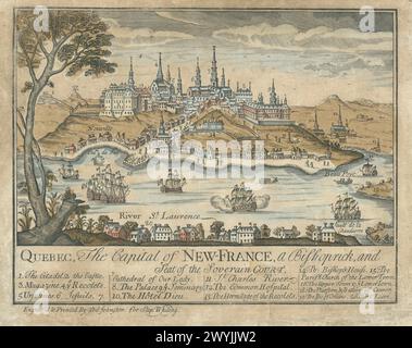 Oeuvre vintage : Québec la capitale de la Nouvelle-France (Nouvelle-France). Et siège de la Cour souveraine, 1759. Gravé et imprimé par Thomas Johnston et publié par Stephen Whiting à Boston. Cette vue du Québec basée sur une carte française publiée quarante ans plus tôt, CA. 1720 Banque D'Images