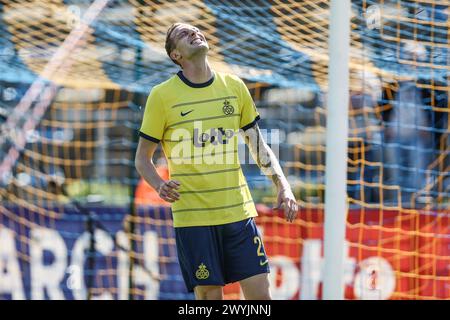 Bruxelles, Belgique. 07 avril 2024. Gustaf Nilsson réagit lors d'un match de football entre Royale Union Saint Gilloise et cercle Bruges, dimanche 07 avril 2024 à Bruxelles, le jour 2 (sur 10) des Play-offs des Champions de la première division 'Jupiler Pro League' 2023-2024 du championnat belge. BELGA PHOTO BRUNO FAHY crédit : Belga News Agency/Alamy Live News Banque D'Images