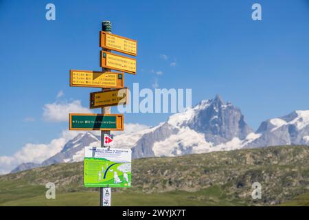 France, Isère (38), Besse-en-Oisans, vallée de l'Oisans, vallée du Ferrand, plateau d'Emparis au col Saint-Georges (2245 m) sur le sentier de grande randonnée GR 54, poteau d'orientation du parking du Chalet Josserand (2237 m), glaciers de la Meije (3983 m) en fond Banque D'Images