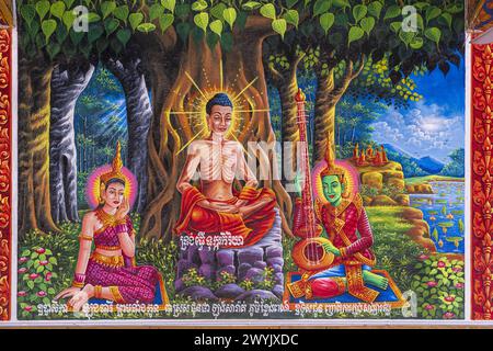 Cambodge, province de Kampong Chhnang, Kampong Leng, pagode Kiri Raksmey, peintures de la vie de Bouddha Banque D'Images
