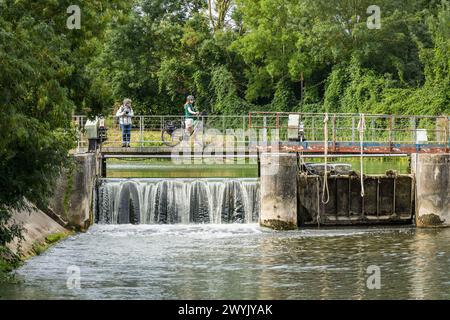 France, deux-Sèvres, le Marais poitevin, Venise verte, Magné, barrage et passerelle sur la Sèvre Niortaise, parcours à vélo Banque D'Images