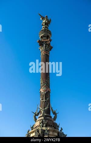 Espagne, Catalogne, Barcelone, quartier de la Barceloneta, Port Vell, la colonne Christophe Colomb de l'architecte Gaietà Buigas construite pour l'exposition universelle de 1888 Banque D'Images