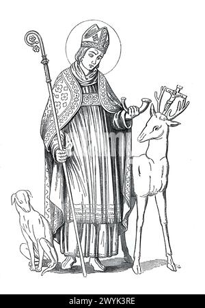 Saint Hubert ou Hubertus, évêque de Liège : saint chrétien du VIIIe siècle. Gravure tirée de la vie des saints (novembre 1ère partie) par le révérend Sabin Baring-Gould, publiée en 1898 Banque D'Images