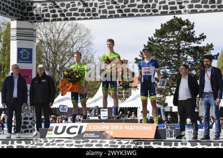 Roubaix, France. 07 avril 2024. Le belge Axel Van Den Broek de Tormans-Acrog a terminé troisième de la course masculine junior de l'épreuve cycliste Paris-Roubaix, France, dimanche 07 avril 2024. BELGA PHOTO MARC GOYVAERTS crédit : Belga News Agency/Alamy Live News Banque D'Images