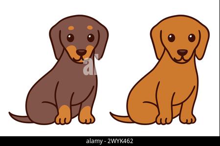 Deux Teckels de dessin animé assis, noir et marron. Dessin de chien animal de compagnie mignon, illustration vectorielle simple. Illustration de Vecteur