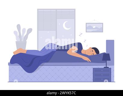 Homme embrassant un oreiller et dormant dans le lit la nuit Illustration de Vecteur