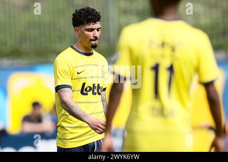 Bruxelles, Belgique. 07 avril 2024. Cameron Puertas Castro de l'Union réagit lors d'un match de football entre Royale Union Saint Gilloise et cercle Bruges, dimanche 07 avril 2024 à Bruxelles, le jour 2 (sur 10) des Play-offs des Champions de la première division 'Jupiler Pro League' 2023-2024 du championnat belge. BELGA PHOTO BRUNO FAHY crédit : Belga News Agency/Alamy Live News Banque D'Images