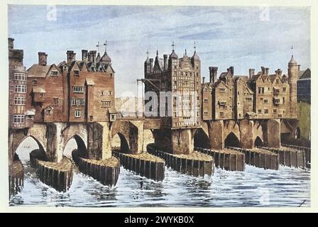 Vieux pont de Londres en 1630, Nonsuch House et pont-levis, XVIIe siècle, illustration vintage Banque D'Images