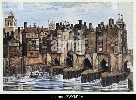 Vieux pont de Londres en 1630, Southwark End, Heads Over Traitor's Gate, XVIIe siècle, illustration vintage Banque D'Images