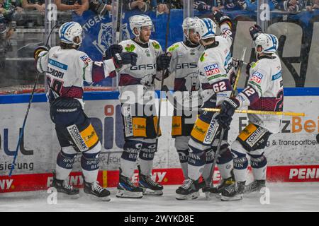 Straubing, Allemagne. 07 avril 2024. Hockey sur glace : DEL, Straubing Tigers - Eisbären Berlin, championnat, demi-finale, journée 4, Eisstadion am Pulverturm. L'équipe de Eisbären Berlin célèbre après avoir marqué le 1:1 contre les Straubing Tigers. Crédit : Armin Weigel/dpa/Alamy Live News Banque D'Images