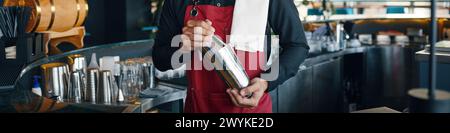 Affiche supérieure avec barman tenant le shaker métallique lors de la préparation de boissons Banque D'Images