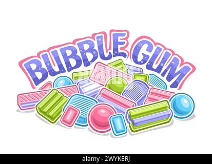 Logo vectoriel pour Bubble Gum, affiche horizontale décorative avec illustration de contour bulles vibrantes, pile de groupe de nombreuses bulles assorties et menthe Illustration de Vecteur