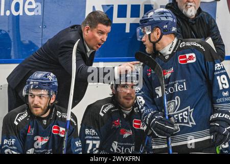 Straubing, Allemagne. 07 avril 2024. Hockey sur glace : DEL, Straubing Tigers - Eisbären Berlin, championnat, demi-finale, journée 4, Eisstadion am Pulverturm. L'entraîneur Tom Pokel des Straubing Tigers donne des instructions à son équipe. Crédit : Armin Weigel/dpa/Alamy Live News Banque D'Images