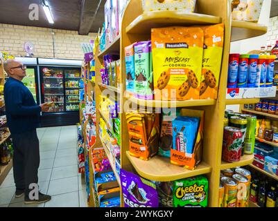 Barres de chocolat et biscuits par Mr Beast sur une petite étagère de magasin, son entreprise appelée Feastables qui fabrique ces gâteries et d'autres. Banque D'Images