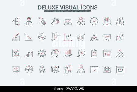 Recherche de données d'entreprise, analyse d'algorithmes, statistiques et icônes de ligne d'analyse. Système numérique, variété de modèles statistiques, graphiques minces symboles de contour noir et rouge, illustration vectorielle Illustration de Vecteur