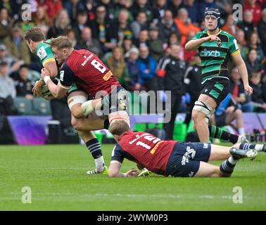 Northampton ANGLETERRE - avril 7-2024 : James Rammof Northampton Saints est attaqué par Gavin Coombes lors de la Coupe des Champions Investec entre les Northampton Saints et Munster Rugby au Cinch Stadium Franklin’s Gardens. Northampton Banque D'Images