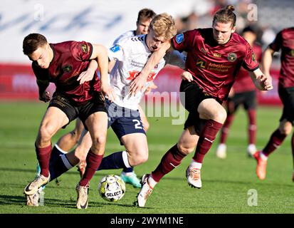 Tobias Bach de l'AGF contre Mads Bech du FC Midtjylland dans le 3F Superliga match entre l'AGF et le FC Midtjylland au Ceres Park à Aarhus, dimanche 7 mars 2024. (Photo : Henning Bagger/Ritzau Scanpix) Banque D'Images