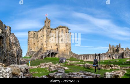 CHÂTEAU DE WARKWORTH, NORTHUMBERLAND, ROYAUME-UNI - 16 MARS 2024. Paysage panoramique de l'intérieur du château de Warkworth avec le donjon en forme de croix et les ruines wi Banque D'Images