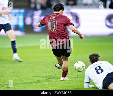 Le GUE-Sung Cho du FC Midtjylland a un but refusé dans le match de 3F Superliga entre AGF et FC Midtjylland au Ceres Park à Aarhus, dimanche 7 mars 2024. (Photo : Henning Bagger/Ritzau Scanpix) Banque D'Images