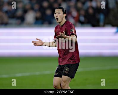 Le GUE-Sung Cho du FC Midtjylland a un but refusé dans le match de 3F Superliga entre AGF et FC Midtjylland au Ceres Park à Aarhus, dimanche 7 mars 2024. (Photo : Henning Bagger/Ritzau Scanpix) Banque D'Images