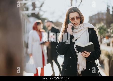 Jeune femme d'affaires dans une tenue d'hiver élégante parlant au téléphone tout en tenant un ordinateur portable. Banque D'Images