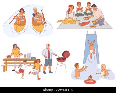 Passe-temps familial. Parents heureux avec enfants se relaxant activement, descente de rivière, parc aquatique, pique-nique, barbecue, jeux de plein air, vacances d'été Illustration de Vecteur