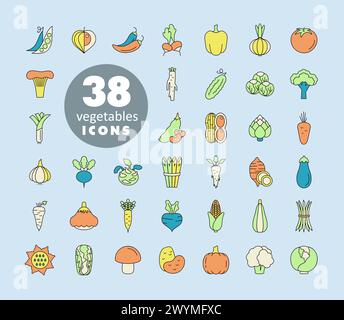 Ensemble d'icônes vectorielles isolées de légumes. Symbole graphique pour le site Web de restauration, la conception d'applications, les applications mobiles et les médias imprimés, le logo, l'interface utilisateur Illustration de Vecteur