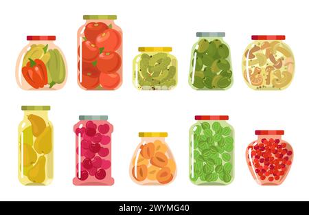 Bocaux en verre avec légumes conservés. Compotes et cornichons. Préparation des aliments d'hiver. Confitures de baies sucrées maison. Concombres marinés ou tomates Illustration de Vecteur