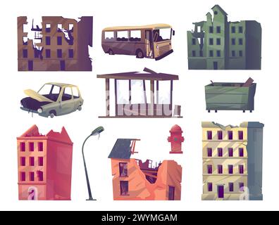 Objets urbains endommagés. Éléments de paysage urbain post-apocalypse. Bâtiments urbains abandonnés avec des fissures. Maisons Warzone. Destruction par tremblement de terre Illustration de Vecteur