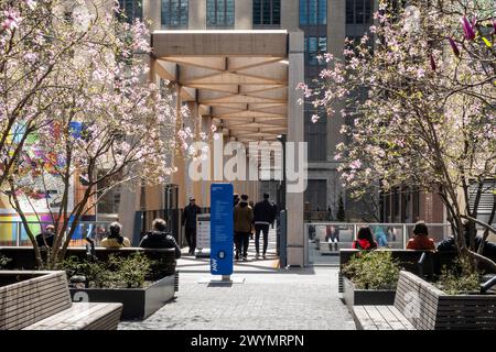 Le pont en treillis de bois relie la Highline à la salle de train de Moynihan sur le côté ouest de Manhattan, 2024, New York City, États-Unis Banque D'Images