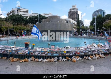 Tel Aviv, Israël. 7 mars 2024. Photos, fleurs et autres objets commémoratifs entourent la fontaine de la place Dizengoff. La fontaine de la place Dizengoff est devenue l’un des endroits à tel Aviv où les gens peuvent créer des mémoriaux de fortune pour les personnes tuées et enlevées lors de l’attaque du 7 octobre 2023 par le Hamas. (Crédit image : © Syndi Pilar/SOPA images via ZUMA Press Wire) USAGE ÉDITORIAL SEULEMENT! Non destiné à UN USAGE commercial ! Banque D'Images