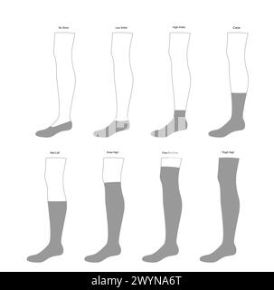 Ensemble de chaussettes bonneterie - No Show, basse, haute cheville, équipage, mi-mollet, hauteur genou, longueur cuisse. Accessoire de mode vêtements illustration technique bas. Vue latérale vectorielle pour hommes, style femme, CAD plat Illustration de Vecteur